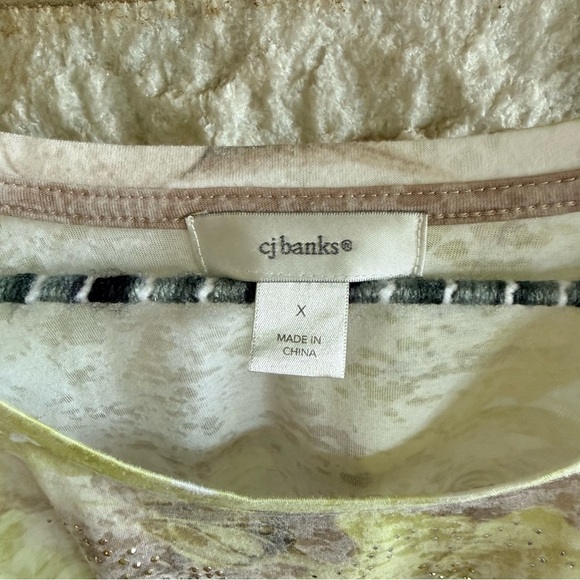 CJ Banks Short Sleeve Stripe Floral Top Size X Green Cream - Picture 2 of 8